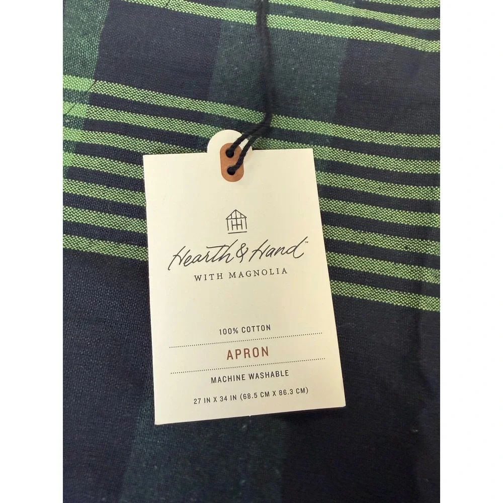 Hearth & Hand Magnolia Cotton Apron Green Black Plaid Herringbone Pocket NWT